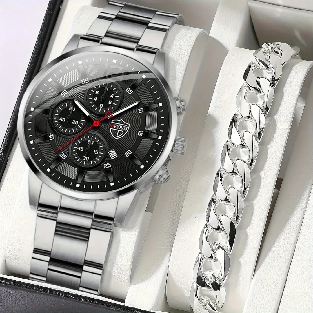 2PCS set de montres de luxe et à la mode pour hommes, montres d'affaires à quartz pour hommes, bracelet