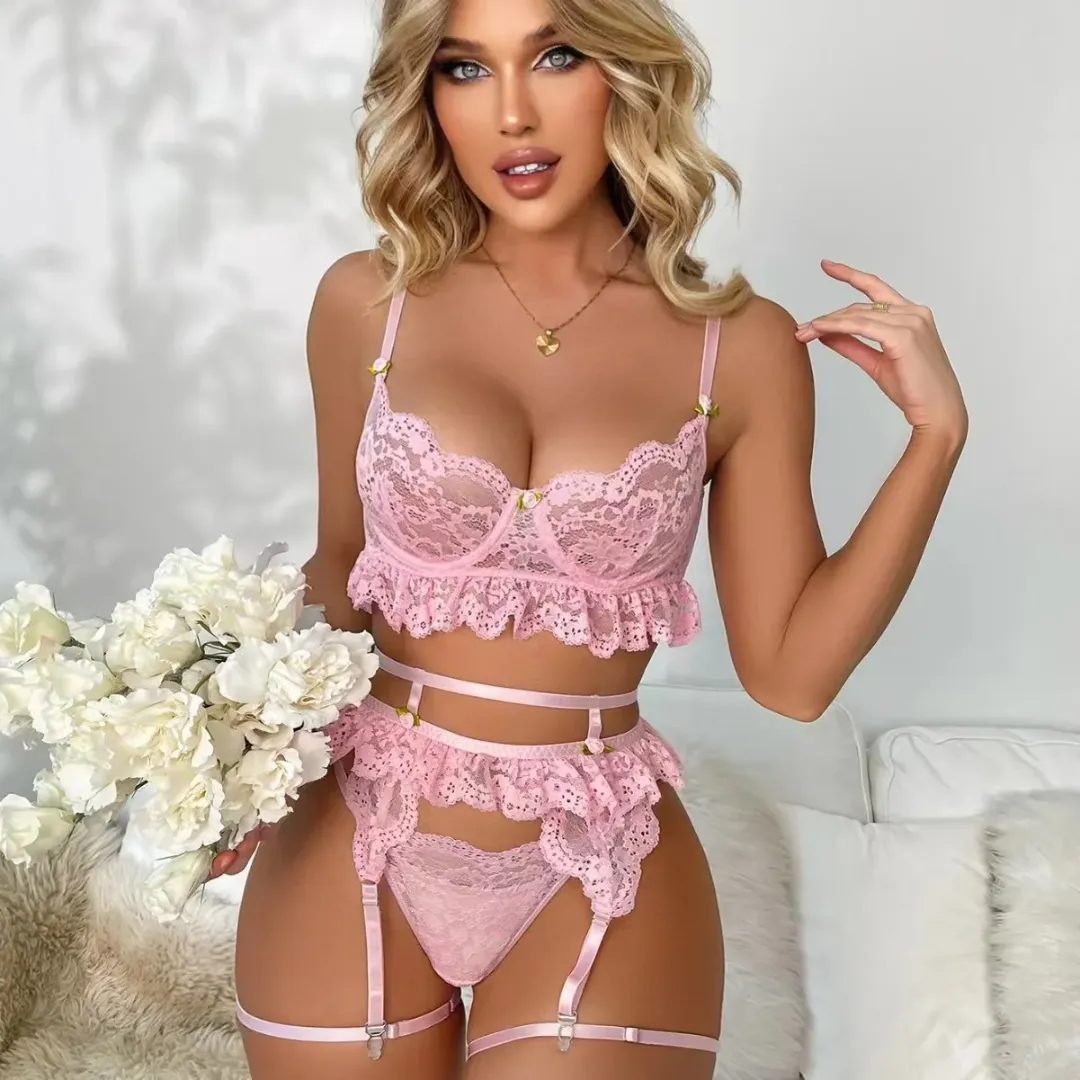 Ensemble de Lingerie Érotique Rose en Dentelle