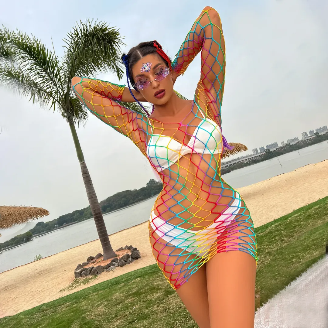 Bikini de plage d'été Nightclub Lingerie sexy en résille colorée avec dentelle