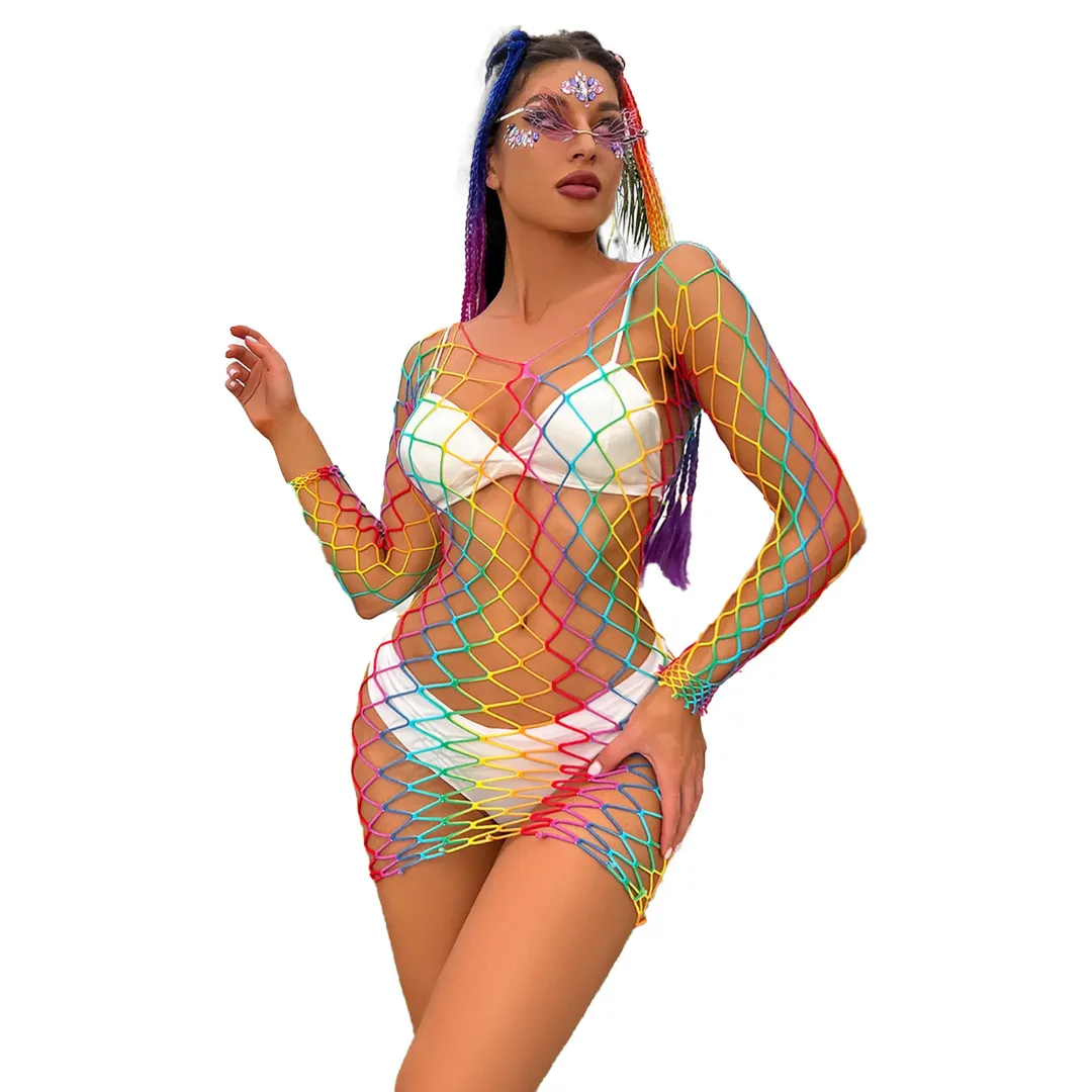 Bikini de plage d'été Nightclub Lingerie sexy en résille colorée avec dentelle
