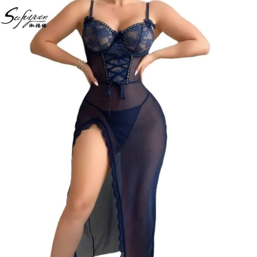 Robe Sexy Transparente en Dentelle Brodée pour Lune de Miel