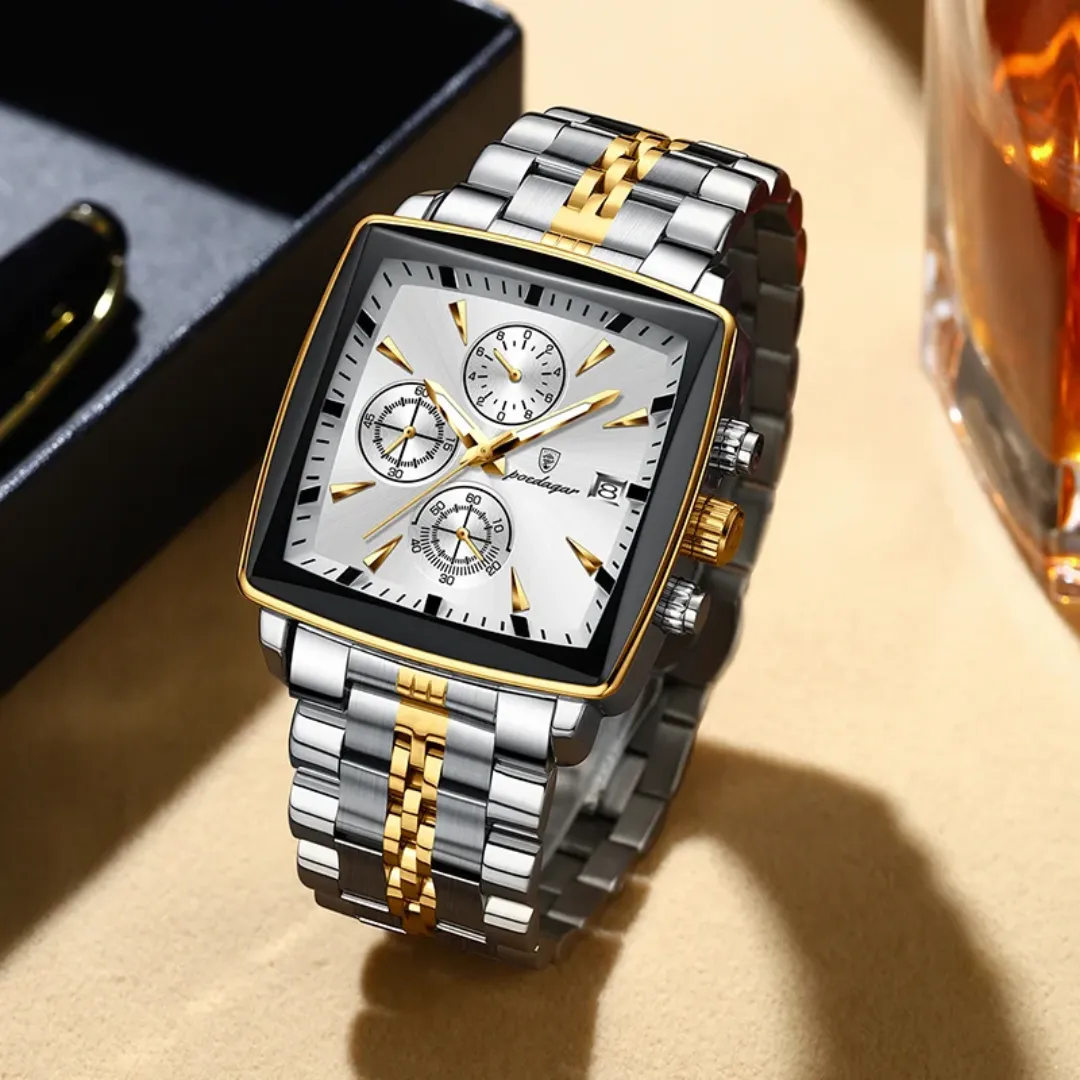 Poedagar Nouvelle Mode Carré En Acier Inoxydable Montres Pour Hommes Étanche Lumineux Chronographe Montre À Quartz