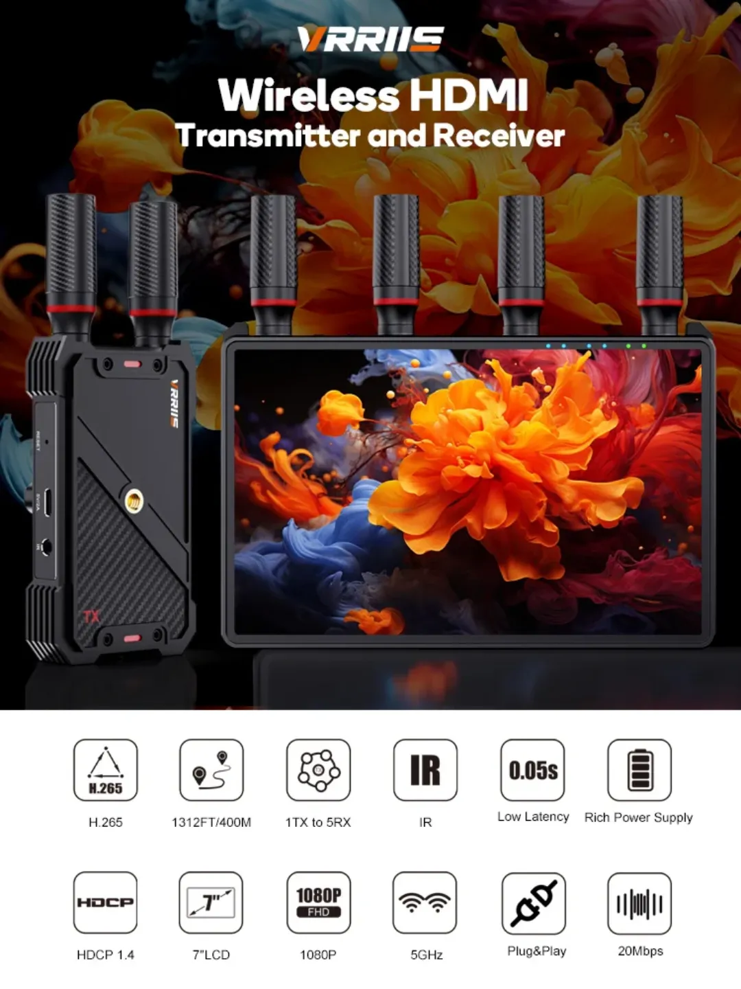 Émetteur et récepteur vidéo sans fil HDMI avec écran 7 pouces - Portée 400m