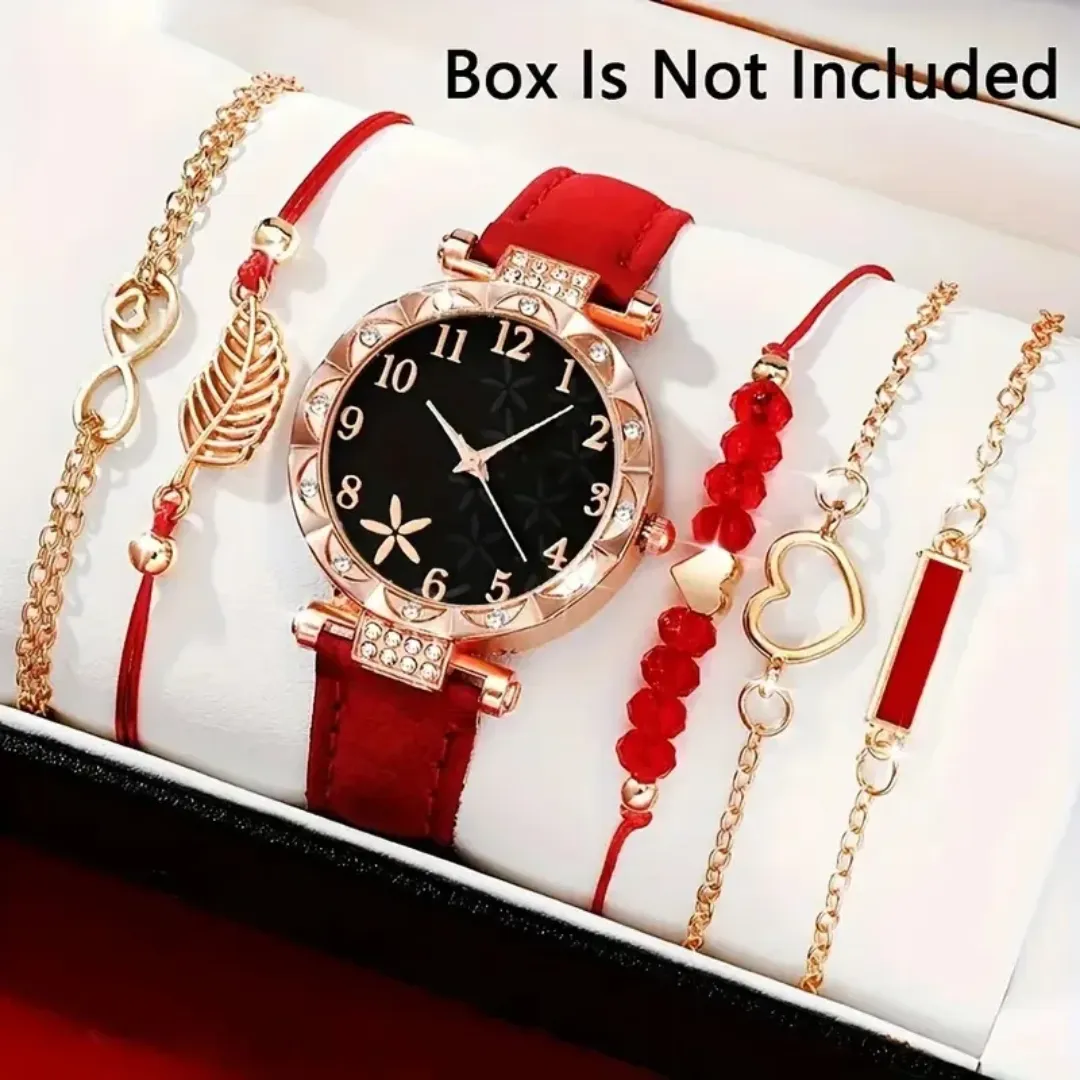 Montre à Quartz de luxe pour femmes avec bracelet en cuir perlé - Ensemble 6 pièces