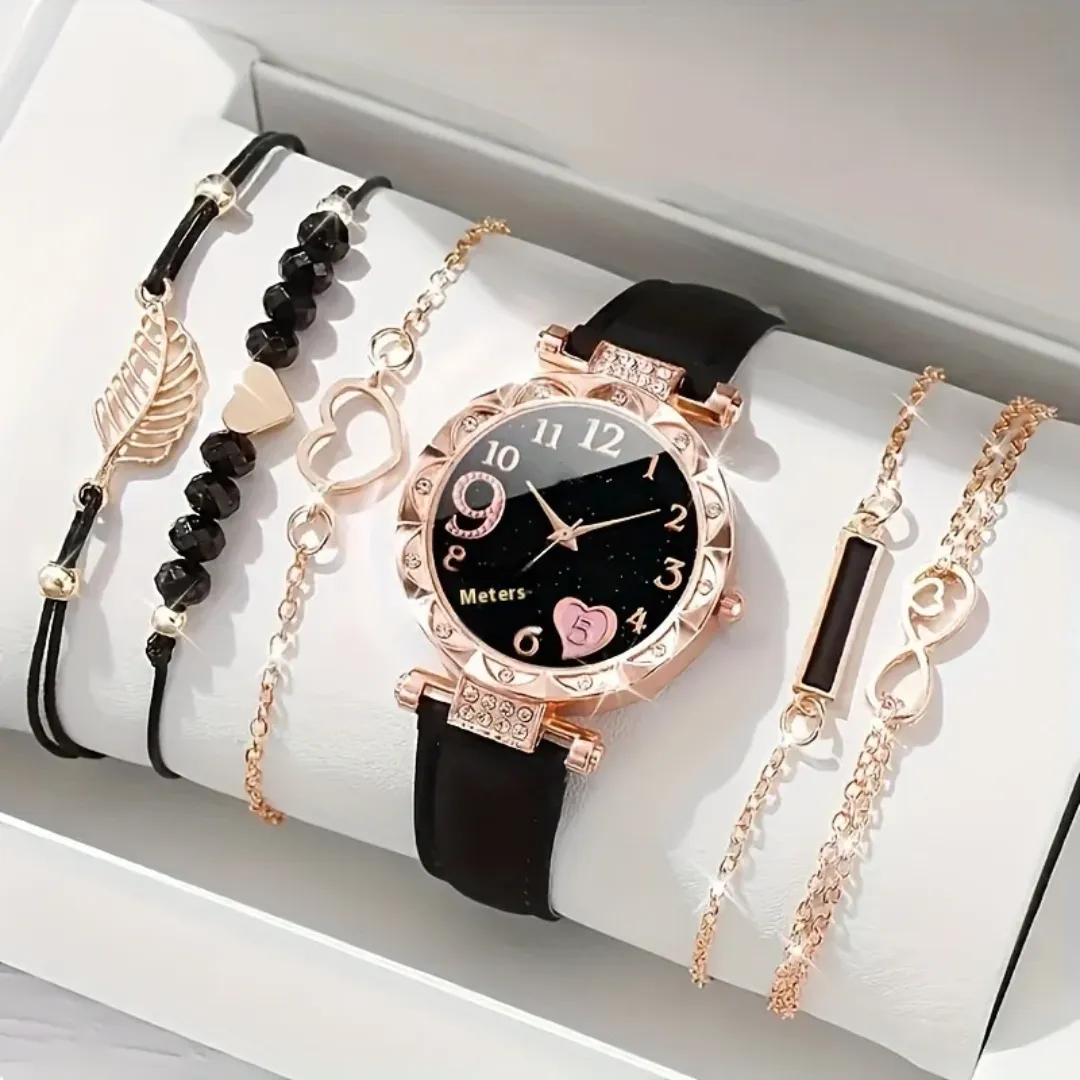 Montre à Quartz de luxe pour femmes avec bracelet en cuir perlé - Ensemble 6 pièces