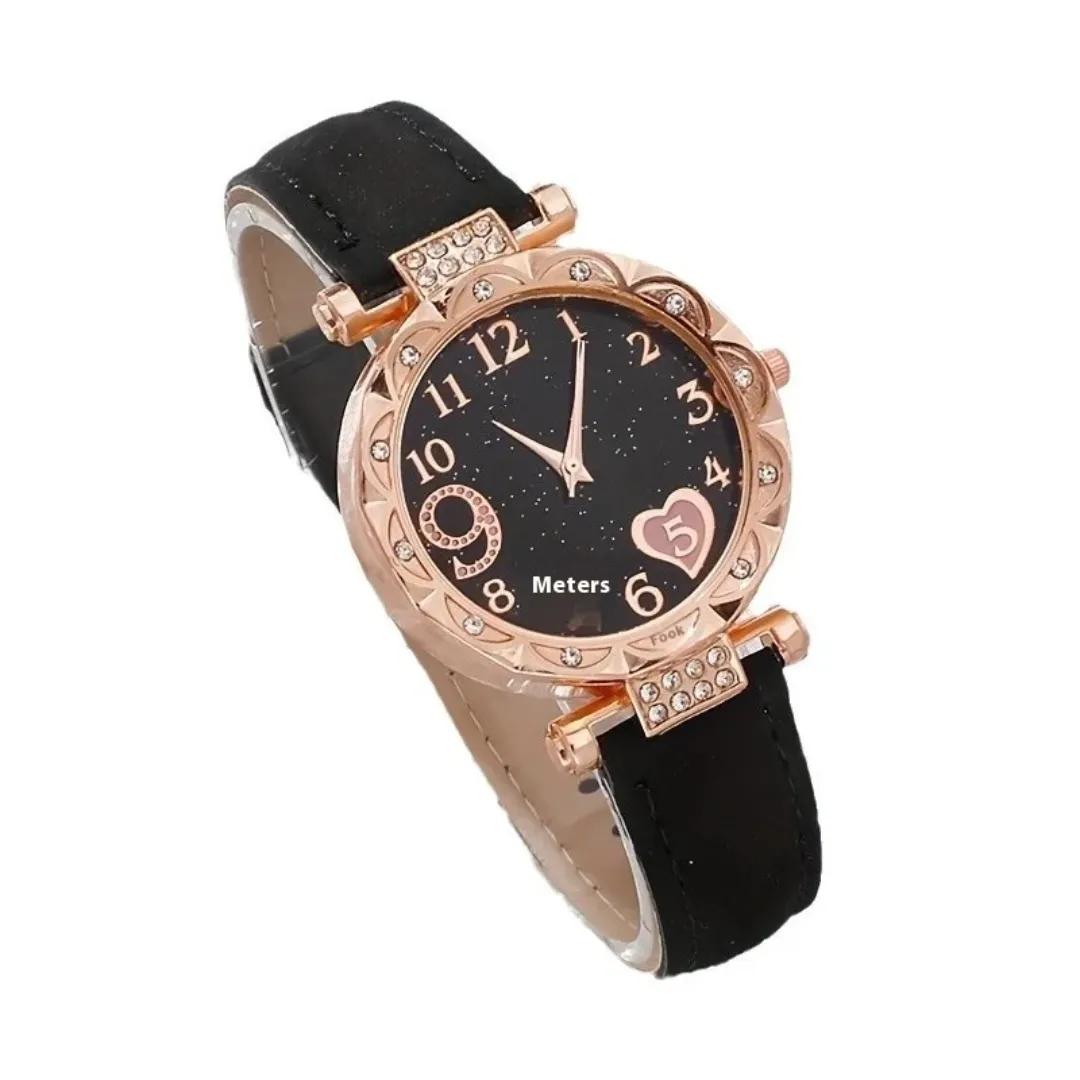 Montre à Quartz de luxe pour femmes avec bracelet en cuir perlé - Ensemble 6 pièces
