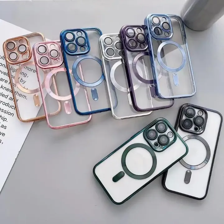 Coque transparente en gros de téléphone PC pour iPhone 16 15 14 Pro Max aimant plaqué galvanoplastie antichoc et couverture magnétique sûre