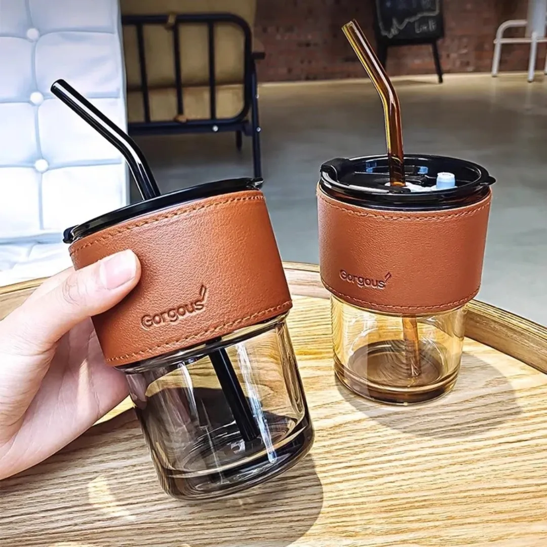 Verres à boire personnalisés avec manchon en cuir - Bouteille d'eau en verre 400ml