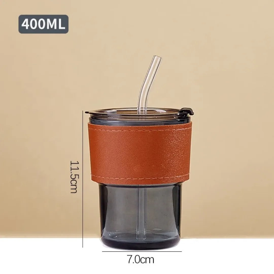Verres à boire personnalisés avec manchon en cuir - Bouteille d'eau en verre 400ml