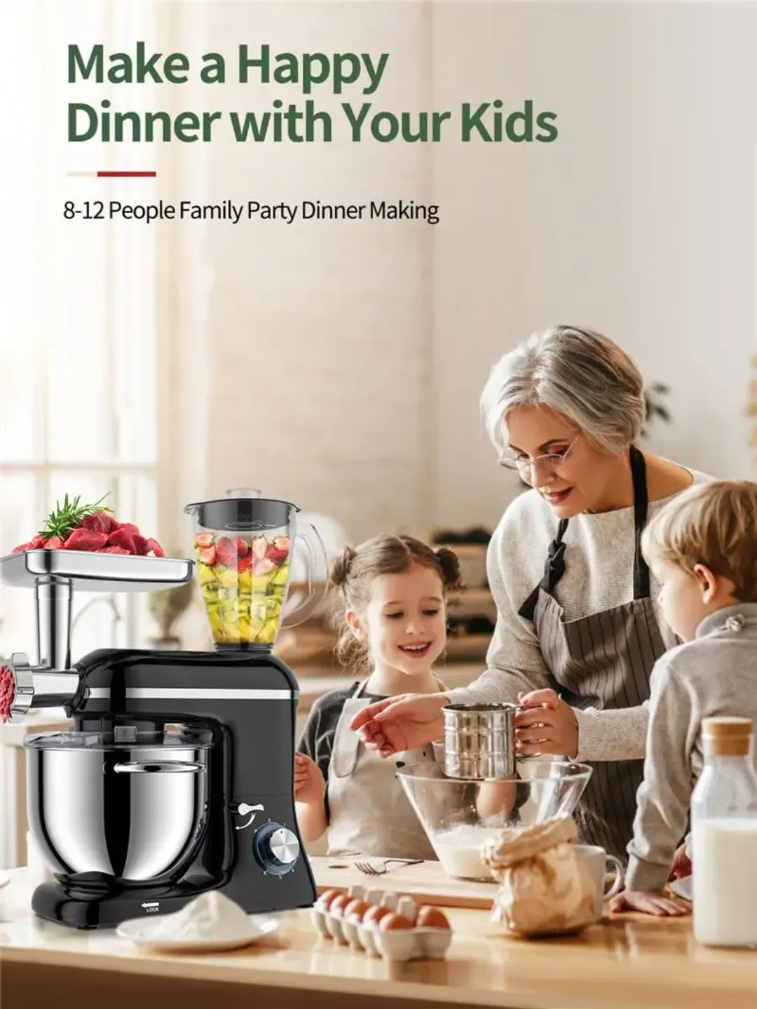 7.5 Litres 2025 NEW FS Mixeur sur socle multifonctionnel 3-en-1 avec mélangeur et hachoir à viande