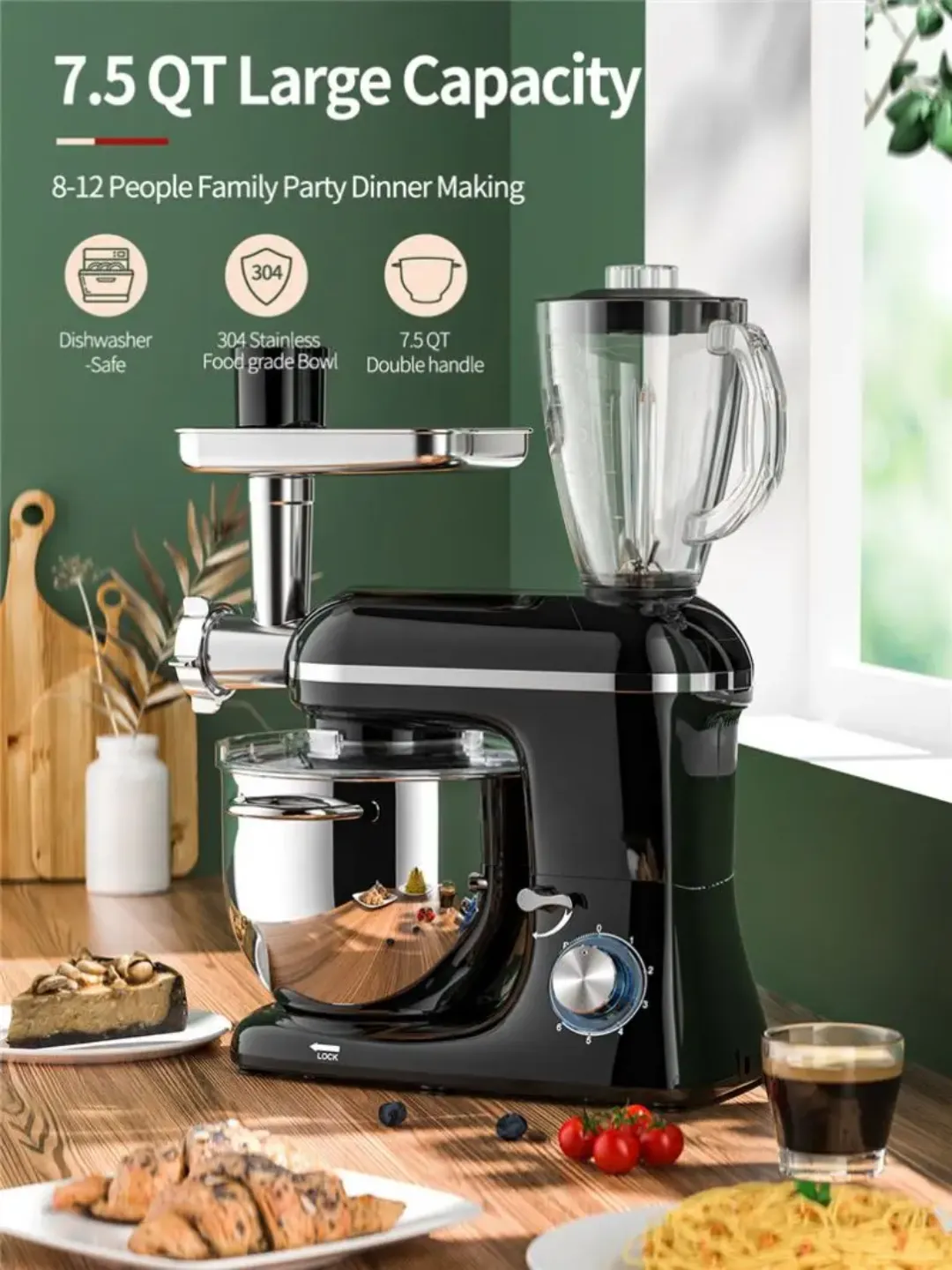 7.5 Litres 2025 NEW FS Mixeur sur socle multifonctionnel 3-en-1 avec mélangeur et hachoir à viande