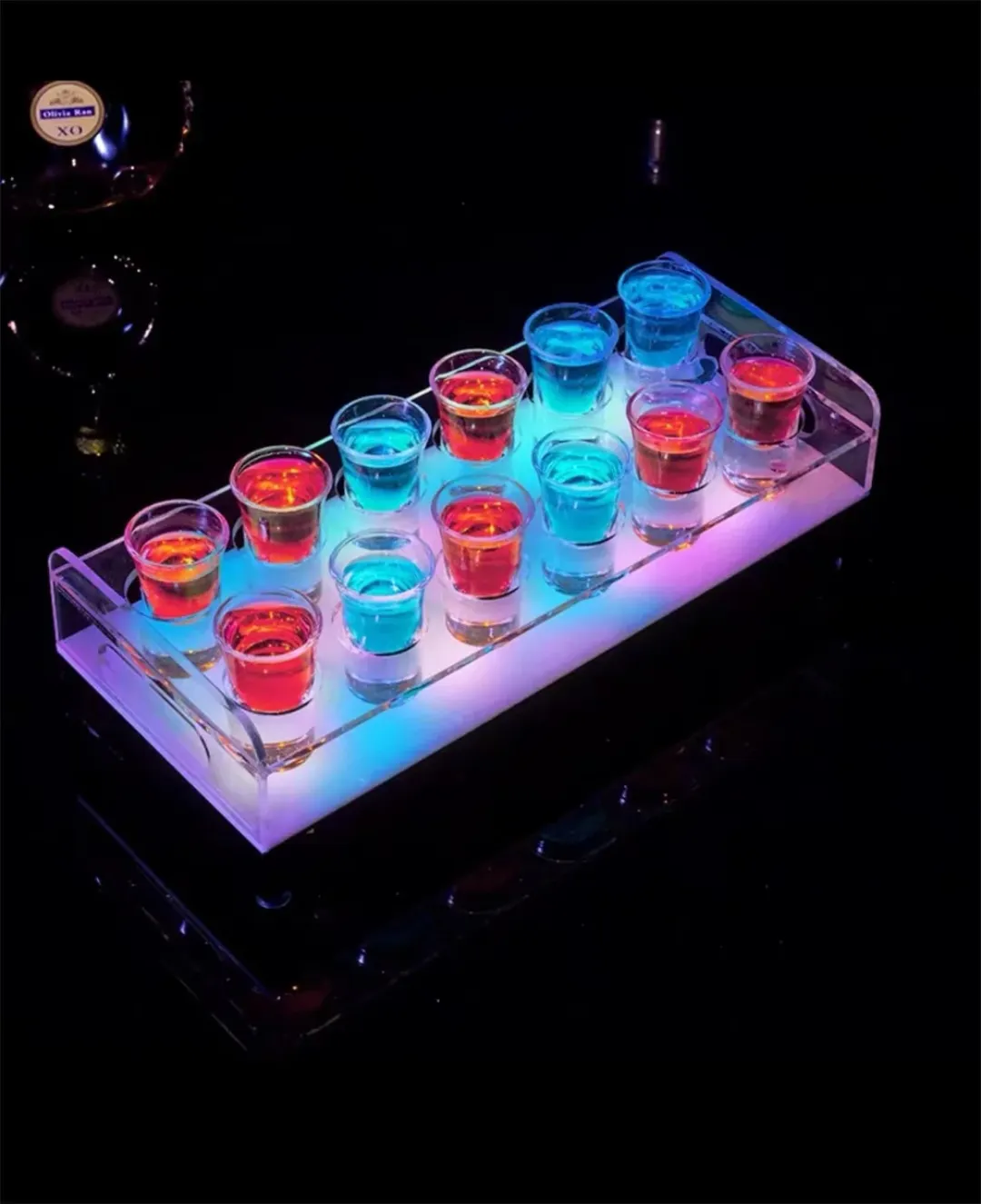 Plateau de verre à liqueur LED rechargeable, support de service de bar en acrylique coloré
