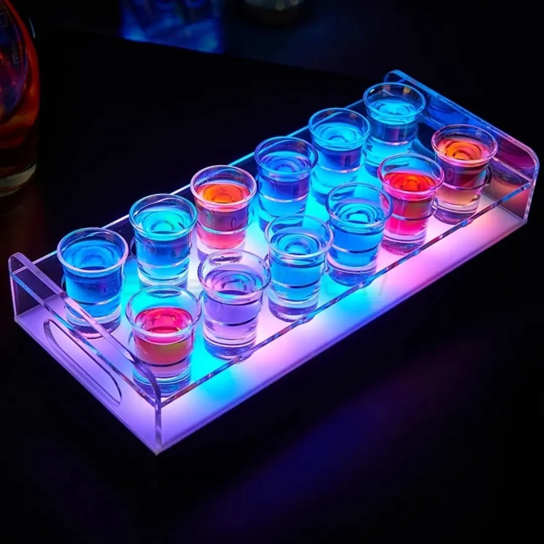 Plateau de verre à liqueur LED rechargeable, support de service de bar en acrylique coloré