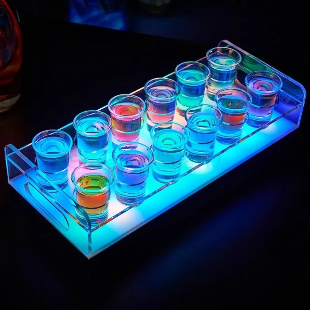 Plateau de verre à liqueur LED rechargeable, support de service de bar en acrylique coloré