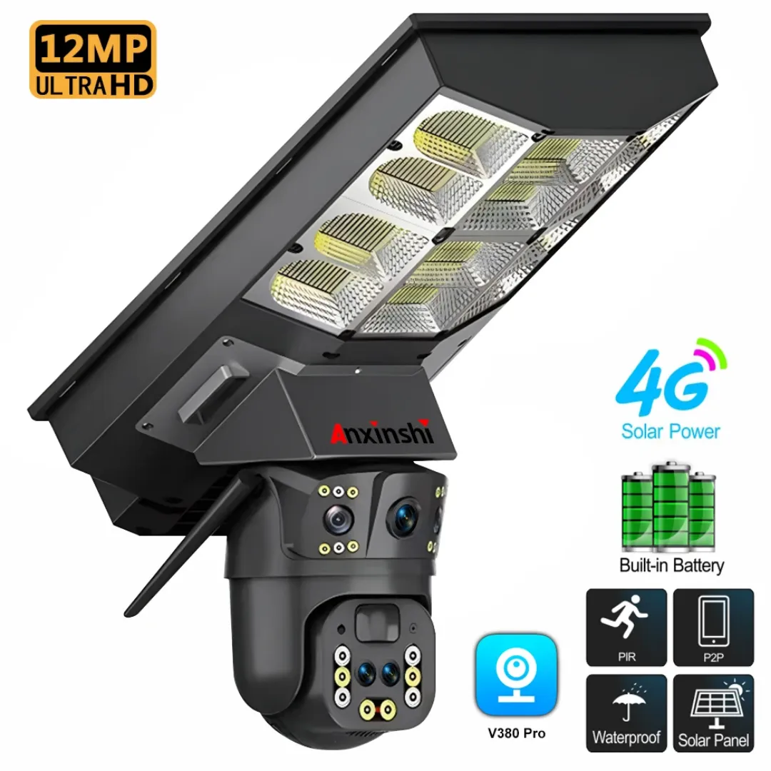 Anxinshi V380PRO P2P 12MP 4G WIFI énergie solaire PTZ 3 objectifs caméra de sécurité extérieure 15W lumière solaire caméra CCTV