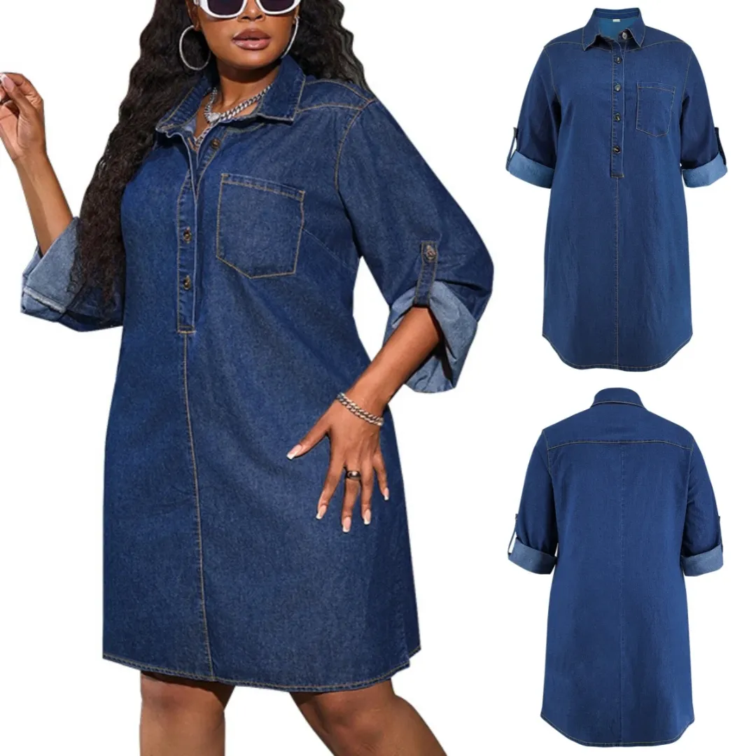 Robe en Jean Grande Taille Femmes Mode Ample Denim à Manches Longues