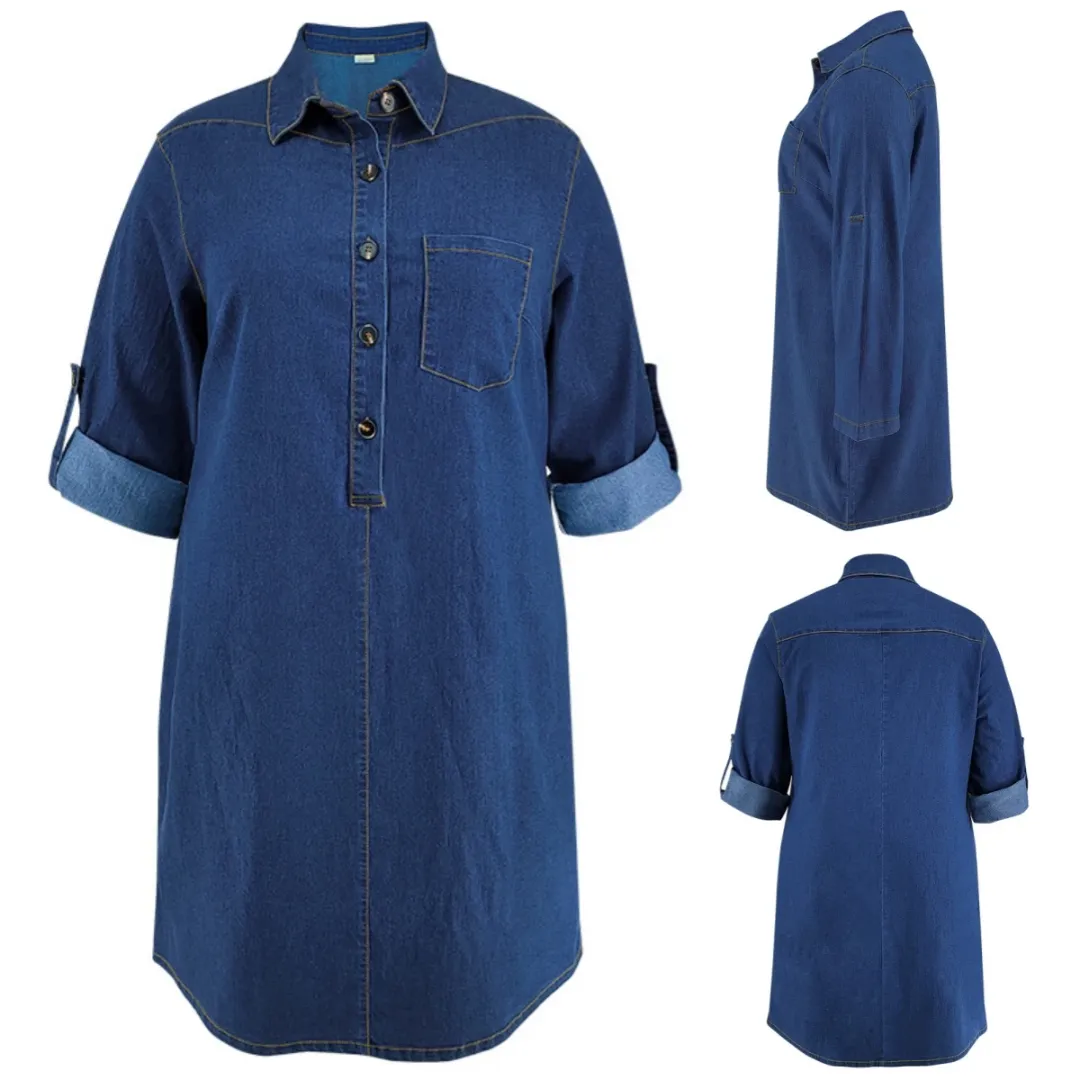 Robe en Jean Grande Taille Femmes Mode Ample Denim à Manches Longues