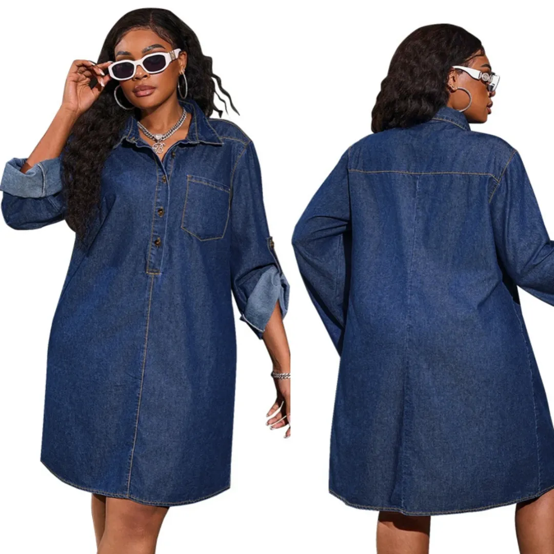 Robe en Jean Grande Taille Femmes Mode Ample Denim à Manches Longues