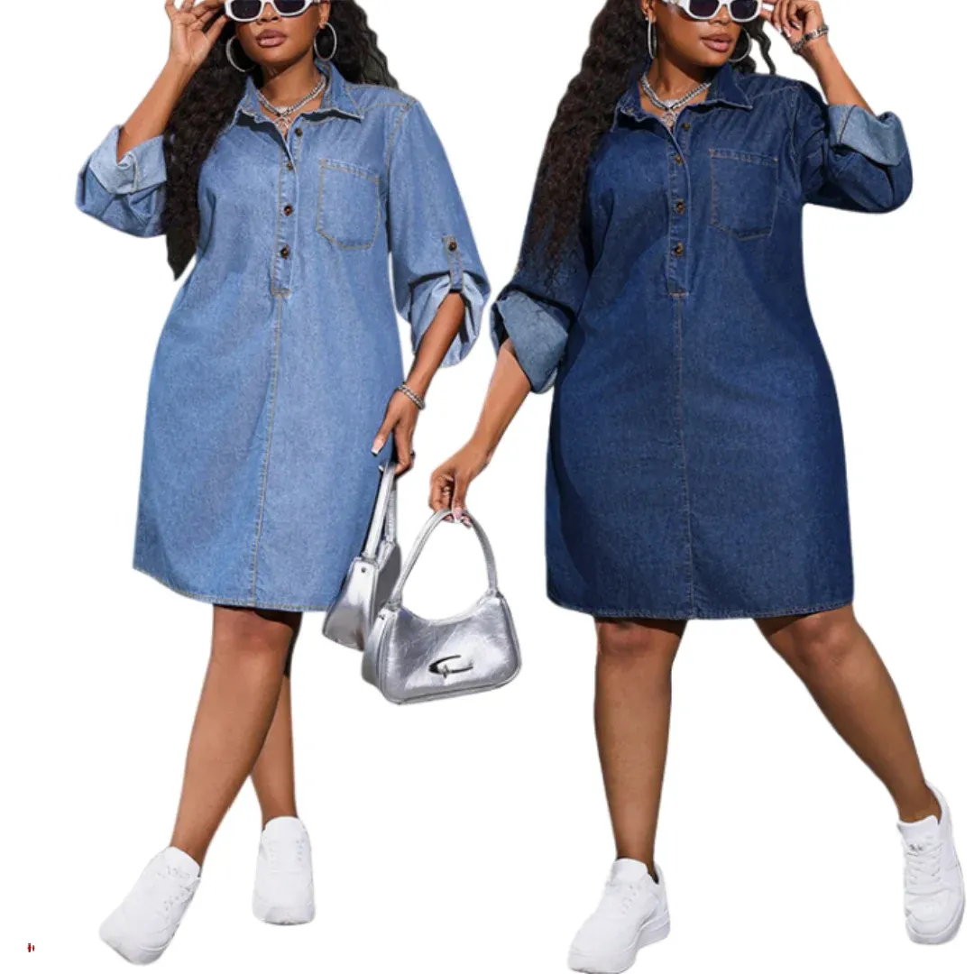 Robe en Jean Grande Taille Femmes Mode Ample Denim à Manches Longues
