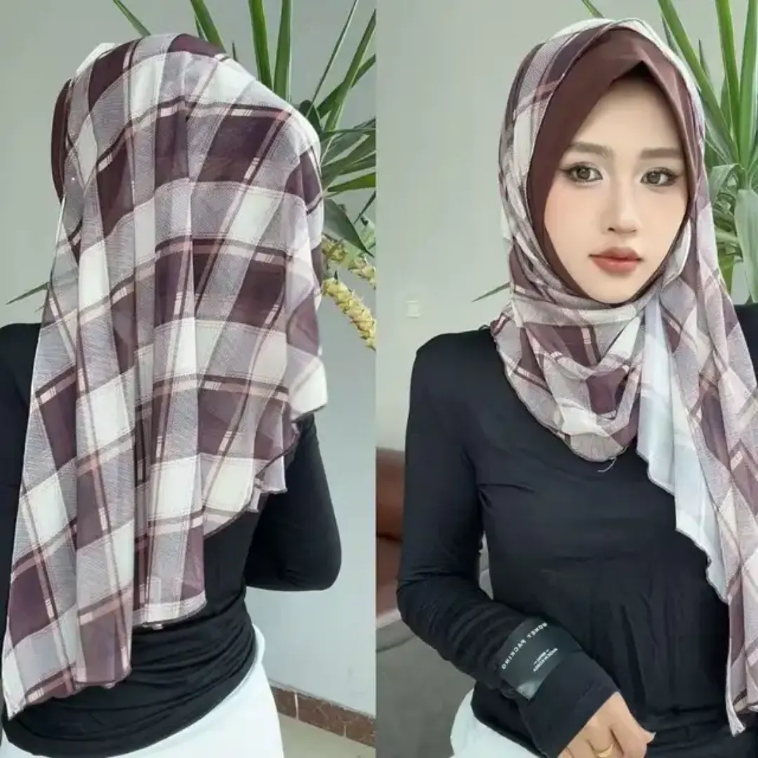 Foulard Hijab en Mousseline de Soie, Couvre-chef Musulman Respirant Imprimé en Grille Pour Femmes