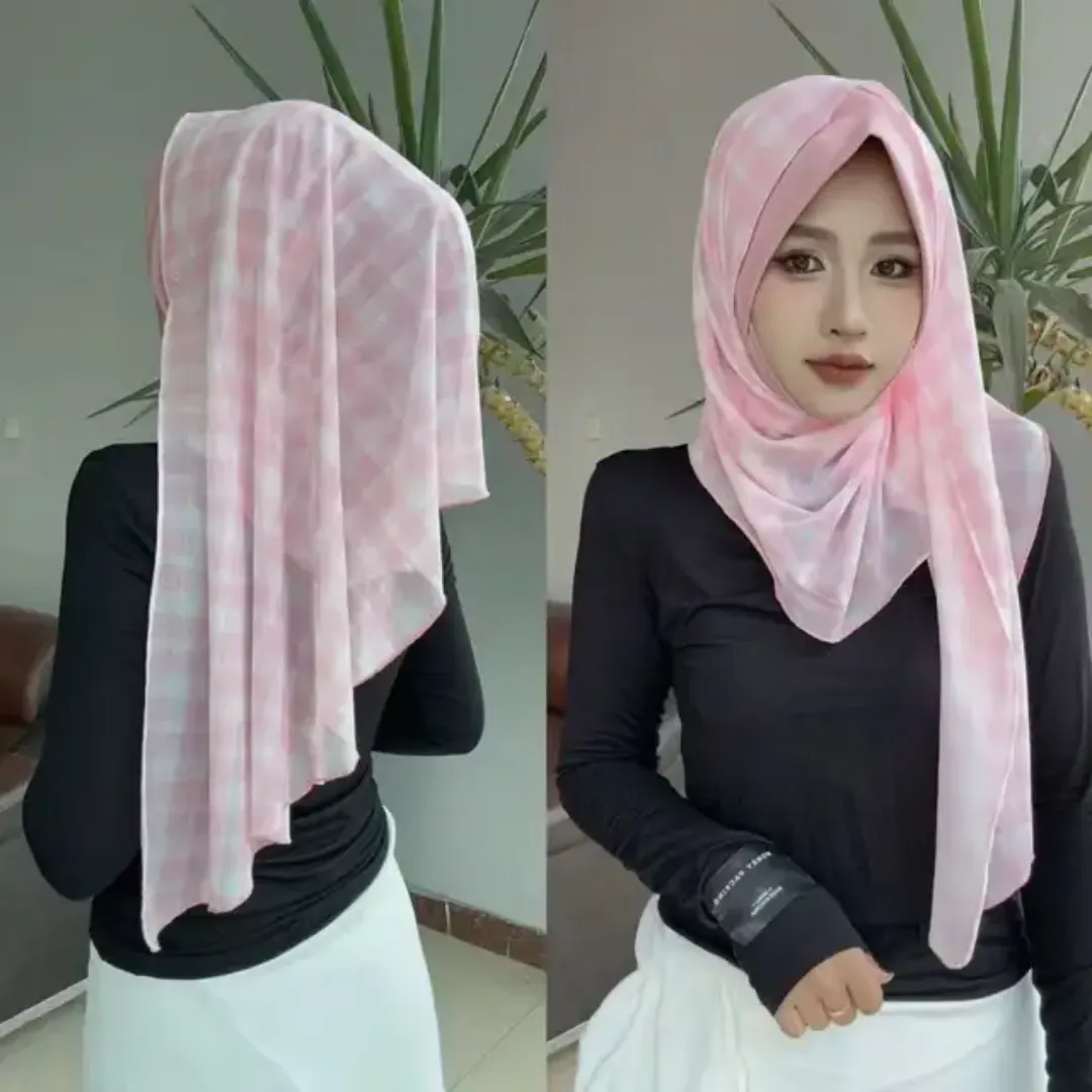Foulard Hijab en Mousseline de Soie, Couvre-chef Musulman Respirant Imprimé en Grille Pour Femmes