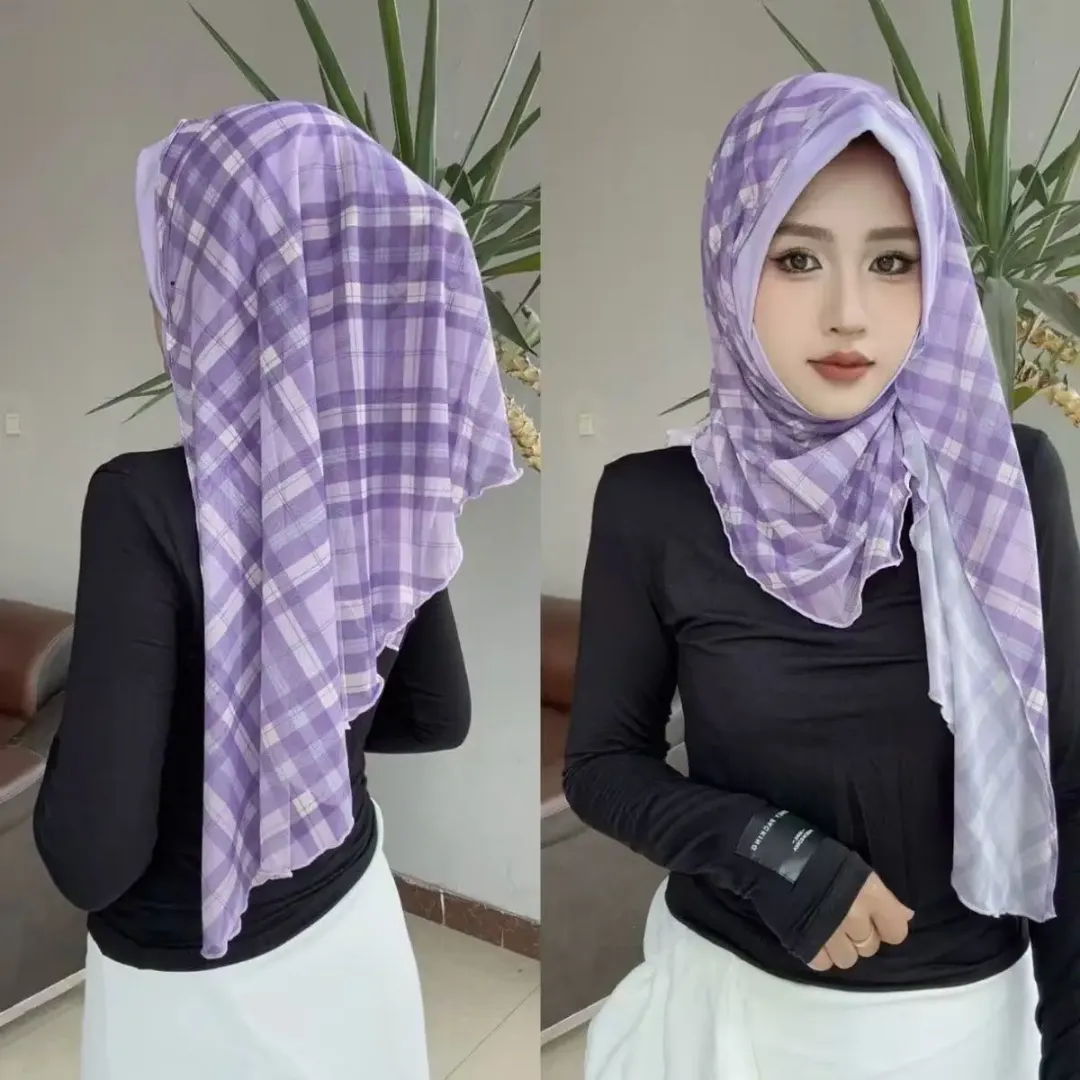 Foulard Hijab en Mousseline de Soie, Couvre-chef Musulman Respirant Imprimé en Grille Pour Femmes