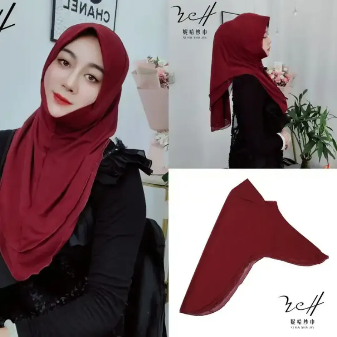 Nouveau Design Écharpe Hijab Musulman Style Malaisien Double Couche Peplum Hem