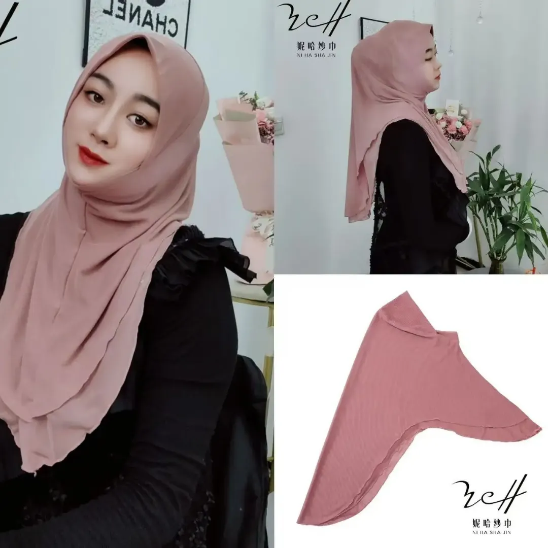 Nouveau Design Écharpe Hijab Musulman Style Malaisien Double Couche Peplum Hem