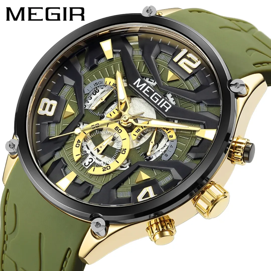 MEGIR 2222 Design créatif mode sport montre pour hommes bracelet en Silicone chronographe calendrier lumineux étanche montres à Quartz