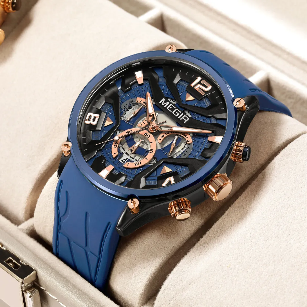 MEGIR 2222 Design créatif mode sport montre pour hommes bracelet en Silicone chronographe calendrier lumineux étanche montres à Quartz