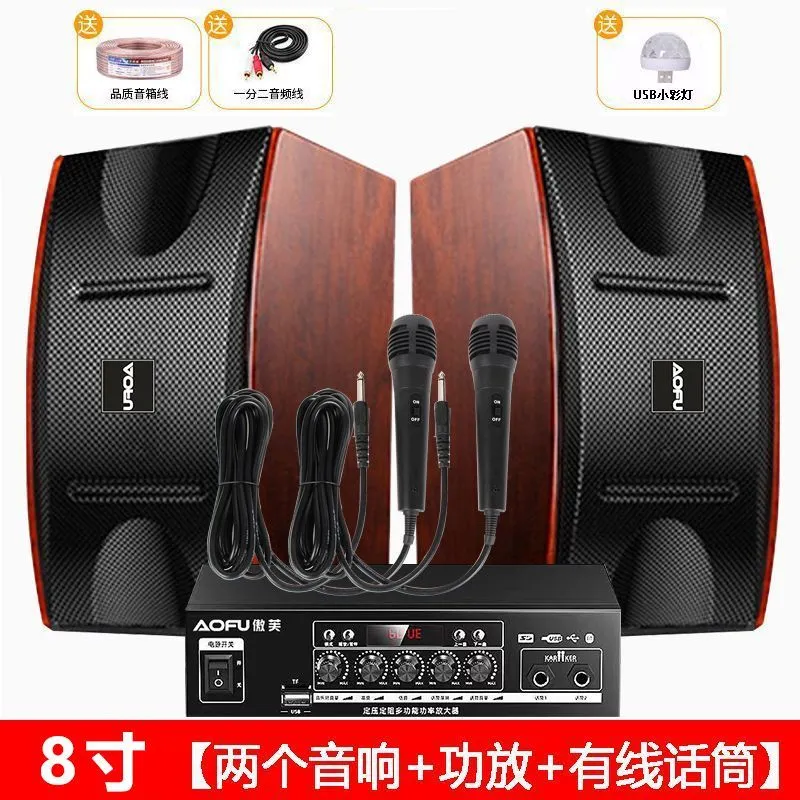 Pack Sono KTV 8 pouces – 2 haut-parleurs + amplificateur + 2 micros sans fil – Ensemble Karaoké Maison