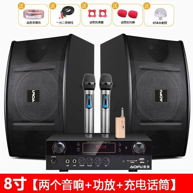 Pack Sono KTV 8 pouces – 2 haut-parleurs + amplificateur + 2 micros sans fil – Ensemble Karaoké Maison