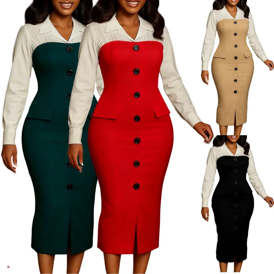 D600 Robe de Bureau Femme Manches Longues Col Contrasté