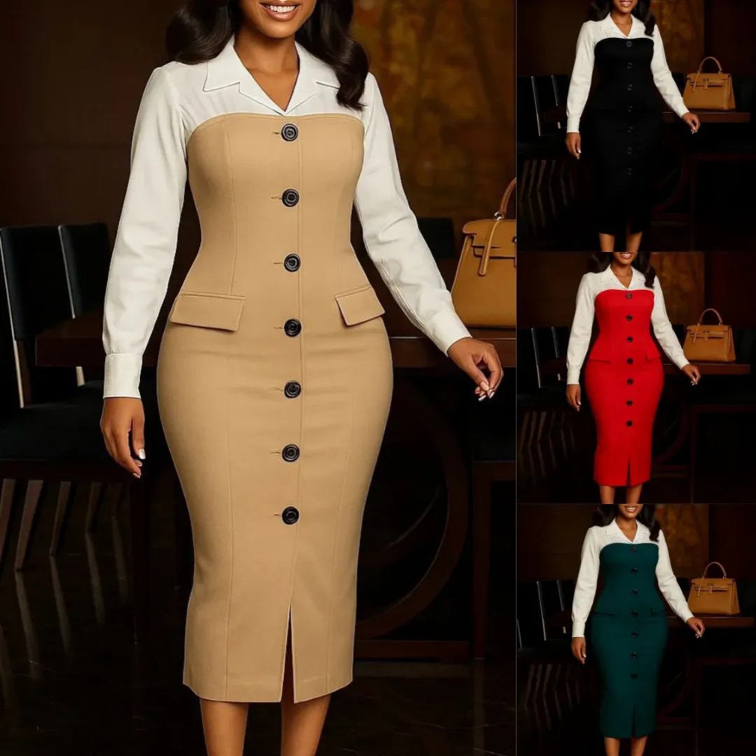 D600 Robe de Bureau Femme Manches Longues Col Contrasté