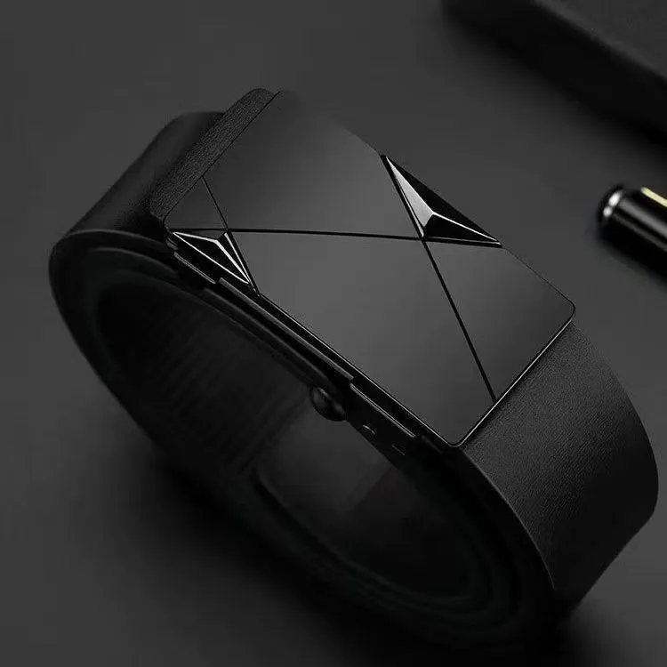 Ceinture homme automatique – Boucle design noire/or, cuir synthétique premium, sans trous