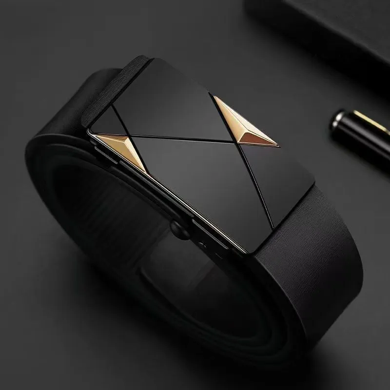 Ceinture homme automatique – Boucle design noire/or, cuir synthétique premium, sans trous