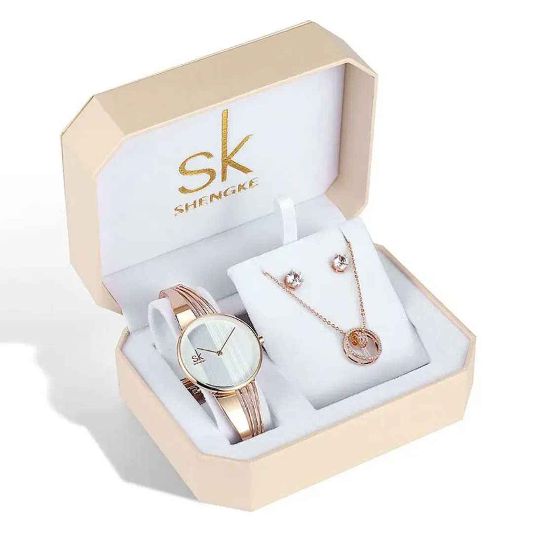 Coffret Cadeau Élégance Femme – Montre SK Dorée avec Parure Collier et Boucles d'Oreilles