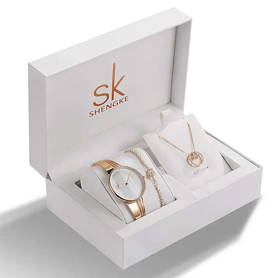 Coffret Cadeau Élégance Femme – Montre SK Dorée avec Parure Collier et Boucles d'Oreilles