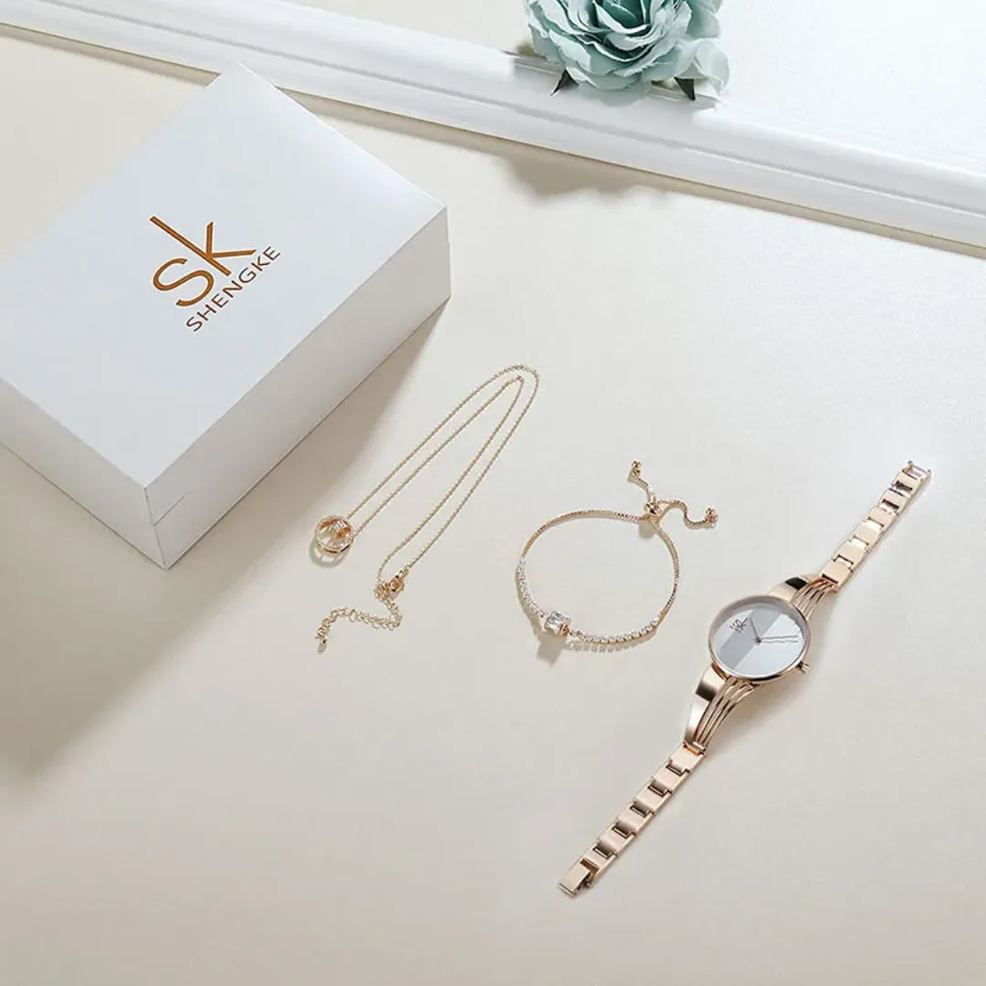 Coffret Cadeau Élégance Femme – Montre SK Dorée avec Parure Collier et Boucles d'Oreilles