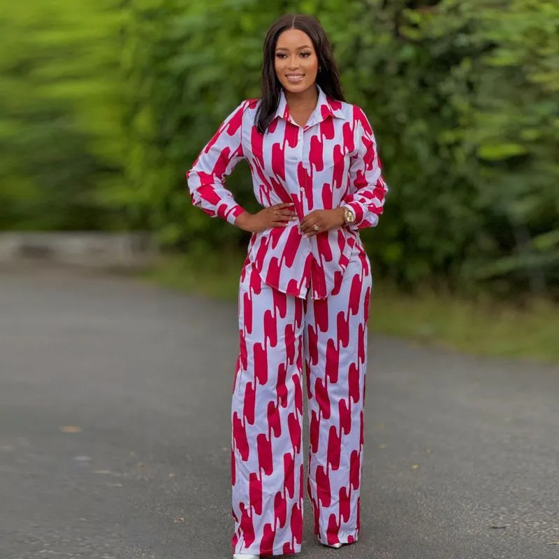 Ensemble femme africain 2 pièces chic et décontracté – Chemise manches longues & pantalon ample imprimé