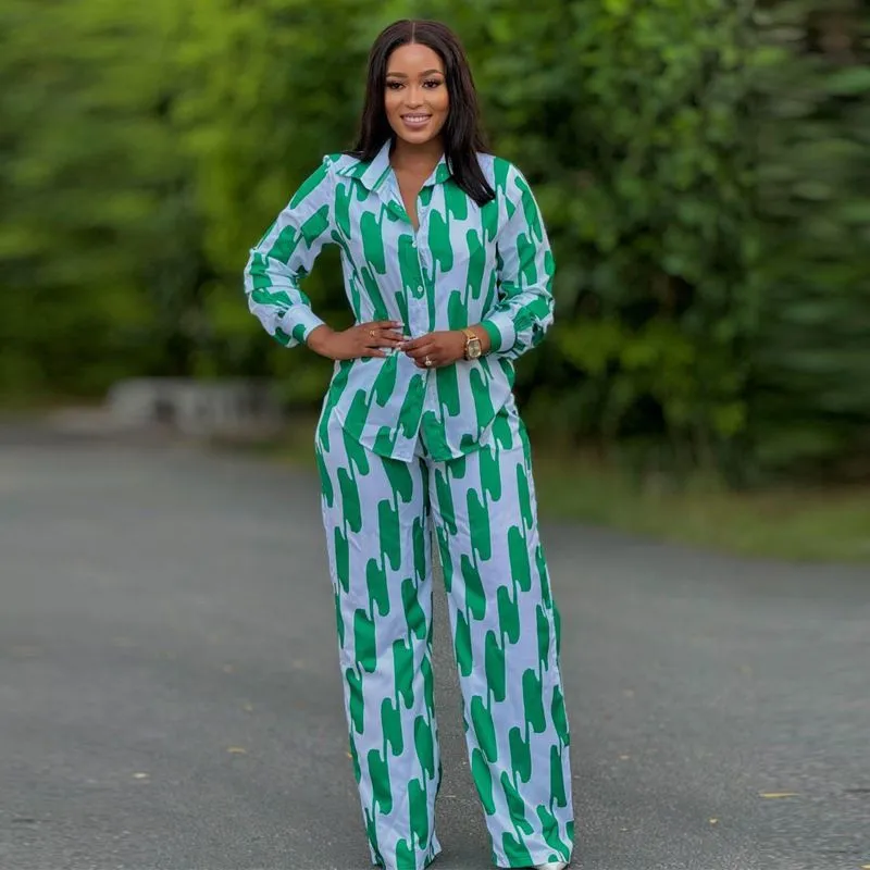 Ensemble femme africain 2 pièces chic et décontracté – Chemise manches longues & pantalon ample imprimé