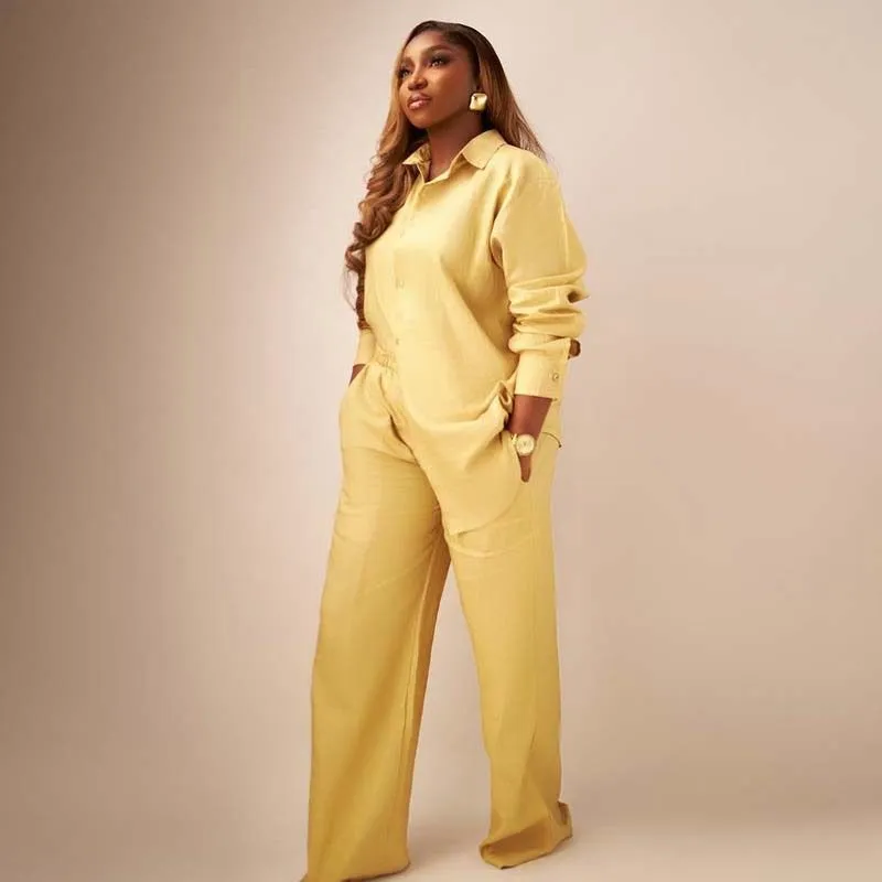 Ensemble femme chic 2 pièces beige – Chemise manches longues & pantalon large élégant