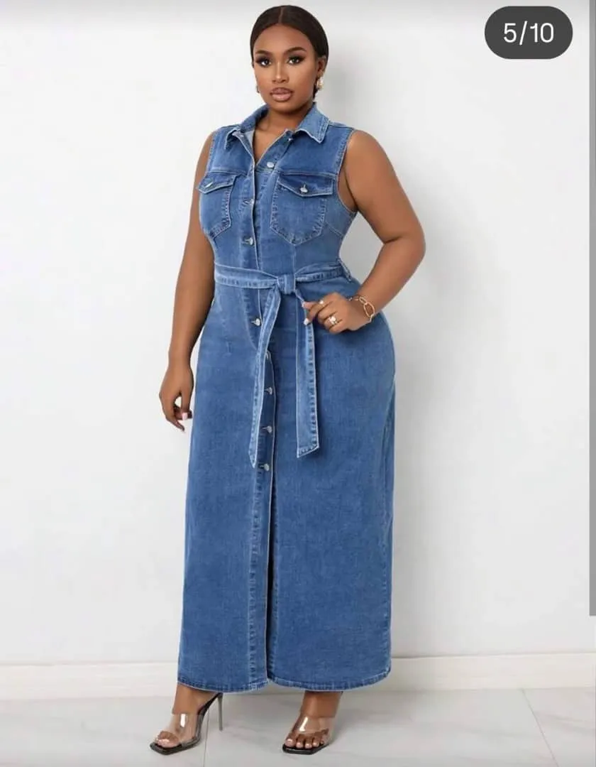 Robe longue en jean sans manches – Robe denim élégante avec ceinture, coupe moderne