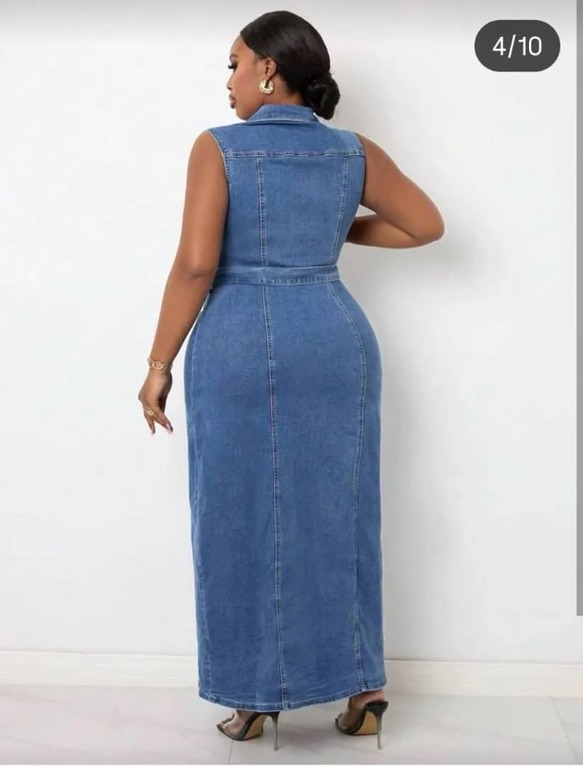 Robe longue en jean sans manches – Robe denim élégante avec ceinture, coupe moderne