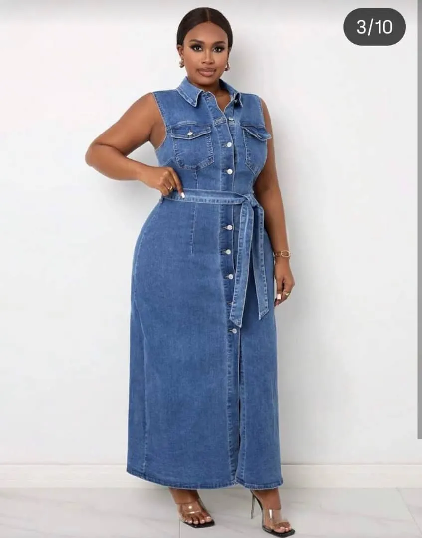 Robe longue en jean sans manches – Robe denim élégante avec ceinture, coupe moderne