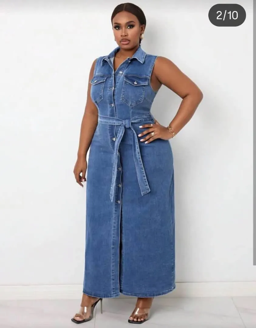 Robe longue en jean sans manches – Robe denim élégante avec ceinture, coupe moderne