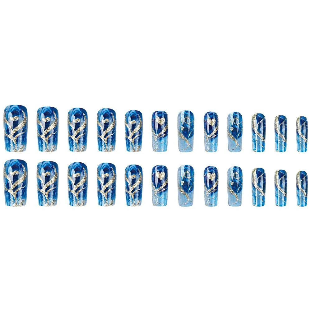 Faux ongles press-on bleu marbré avec motifs dorés – 24 pièces – Ongles élégants prêts à poser