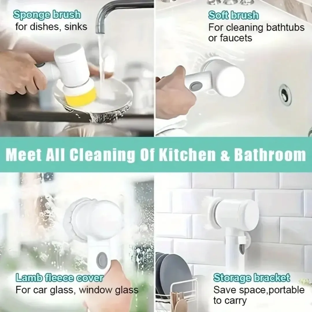 Brosse électrique de nettoyage rechargeable USB – Nettoyeur rotatif sans fil avec têtes interchangeables