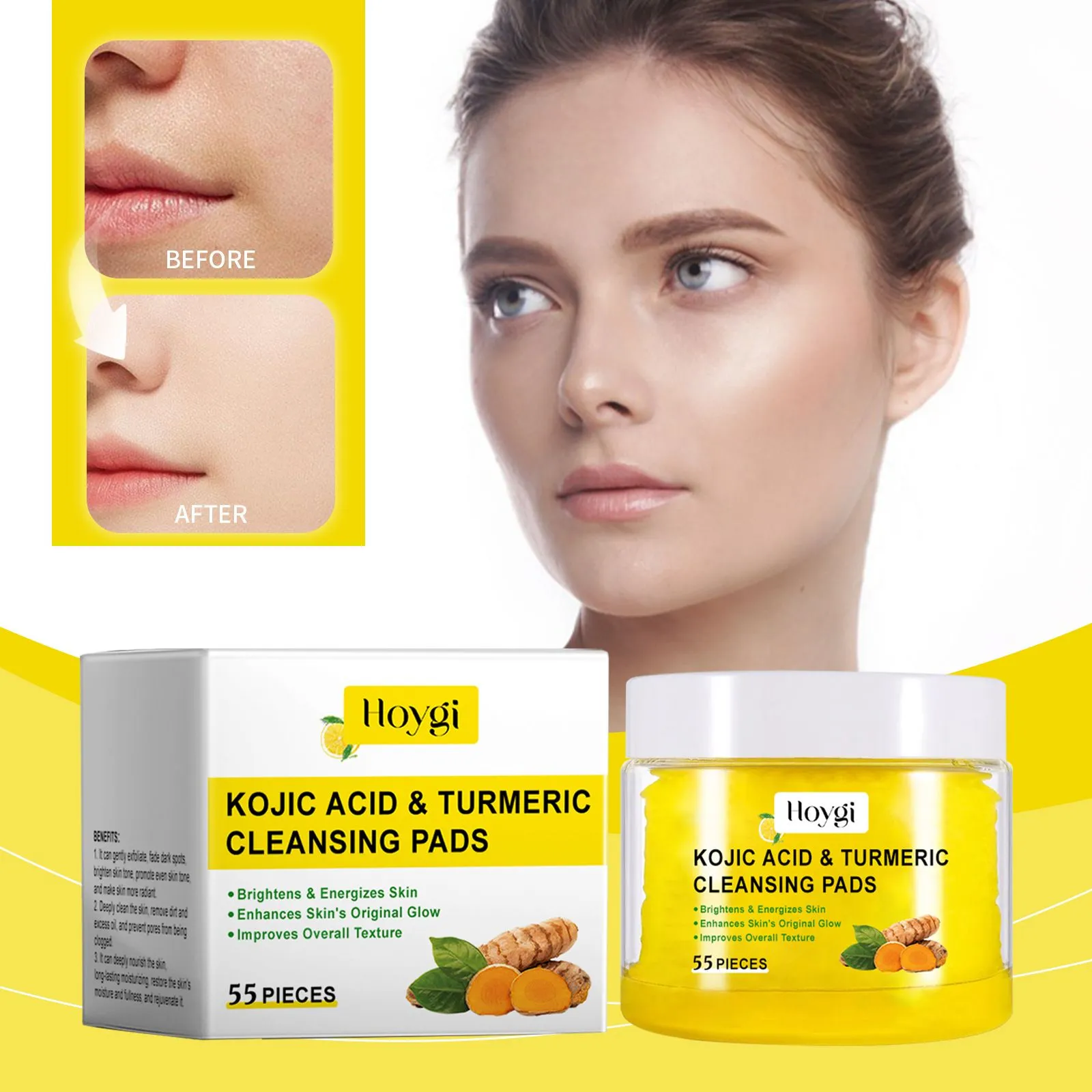 HOYGI Pads nettoyants visage à l’acide kojique & curcuma – Éclat, nettoyage doux et exfoliation légère (55 pard)