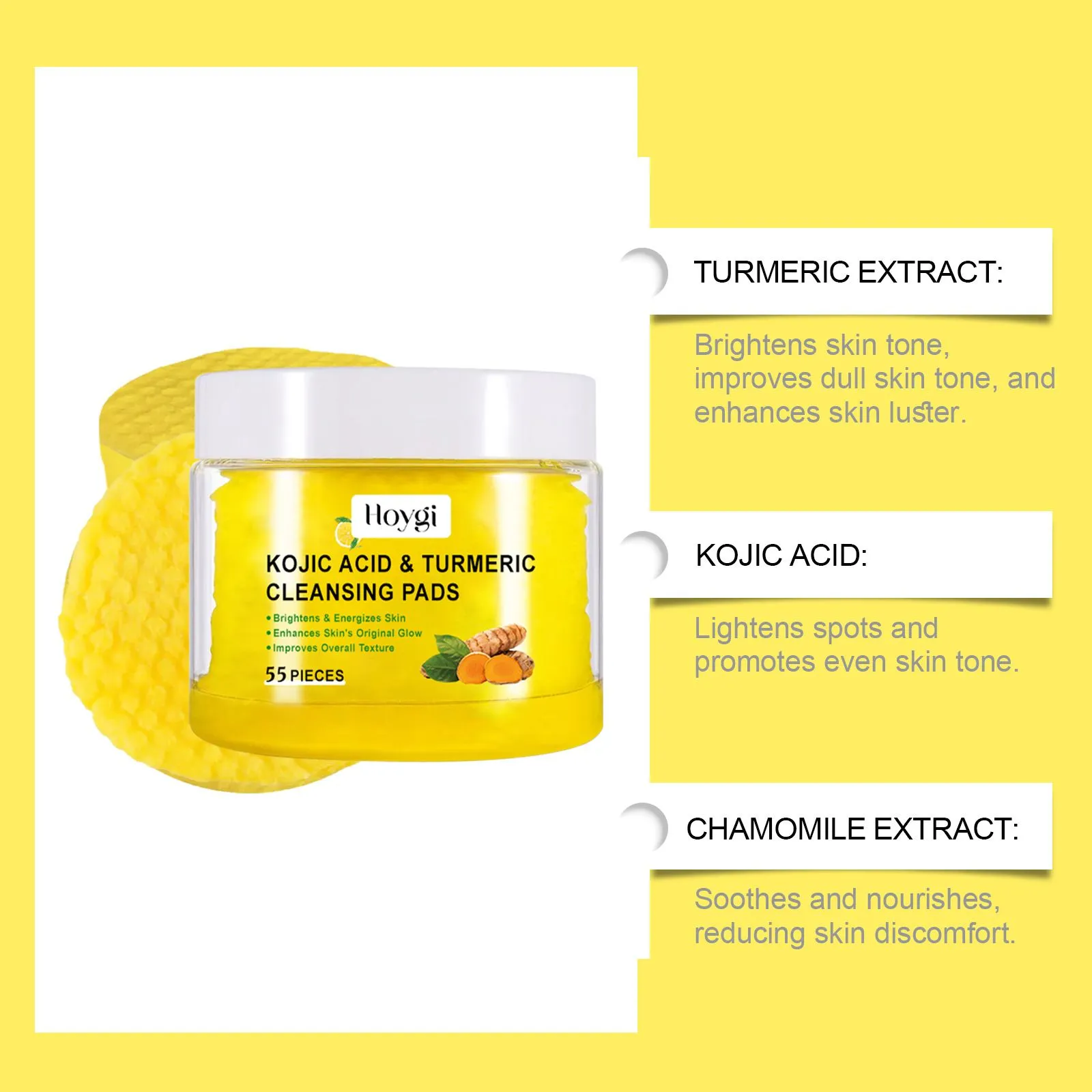 HOYGI Pads nettoyants visage à l’acide kojique & curcuma – Éclat, nettoyage doux et exfoliation légère (55 pard)
